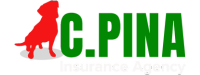 Logo of C. Pina Insurance Agency featuring a red dog silhouette and green text on a white background.