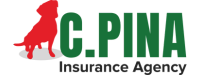 Logo of C. Pina Insurance Agency featuring a red dog silhouette and green text on a black background.
